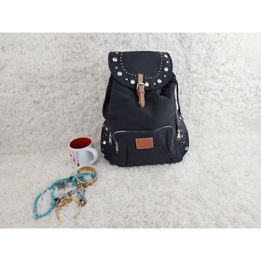 NWT Victoria's Secret Black Backpack Studded Beading Canvass NWT